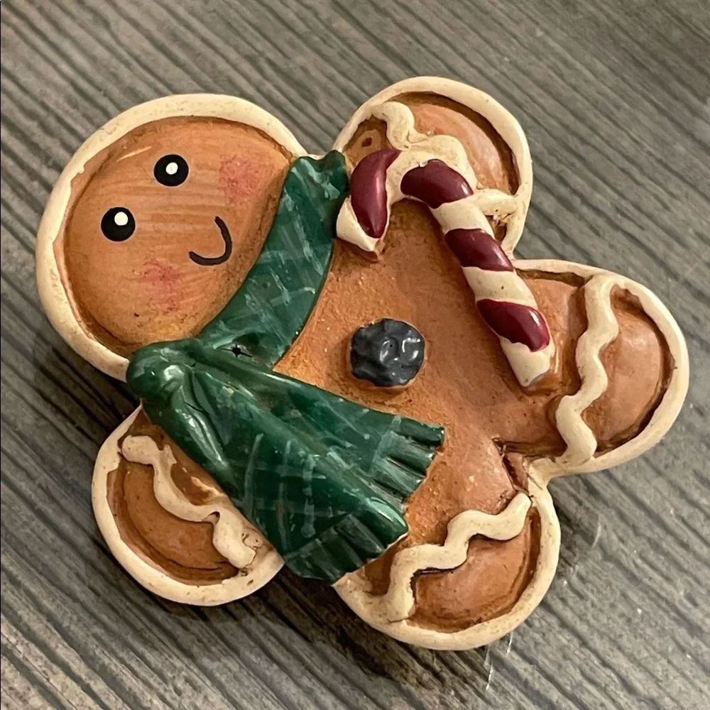 Vintage Festive Gingerbread Man Pin with Green Scarf & Candy Cane Christmas Pin